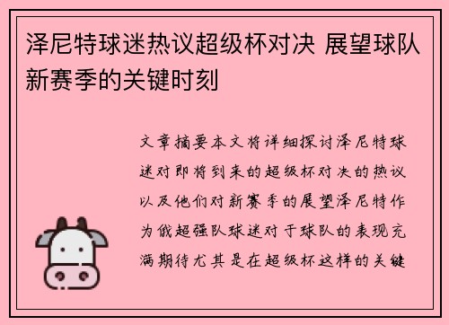 泽尼特球迷热议超级杯对决 展望球队新赛季的关键时刻 泽尼特球迷热议超级杯对决 展望球队新赛季的关键时刻